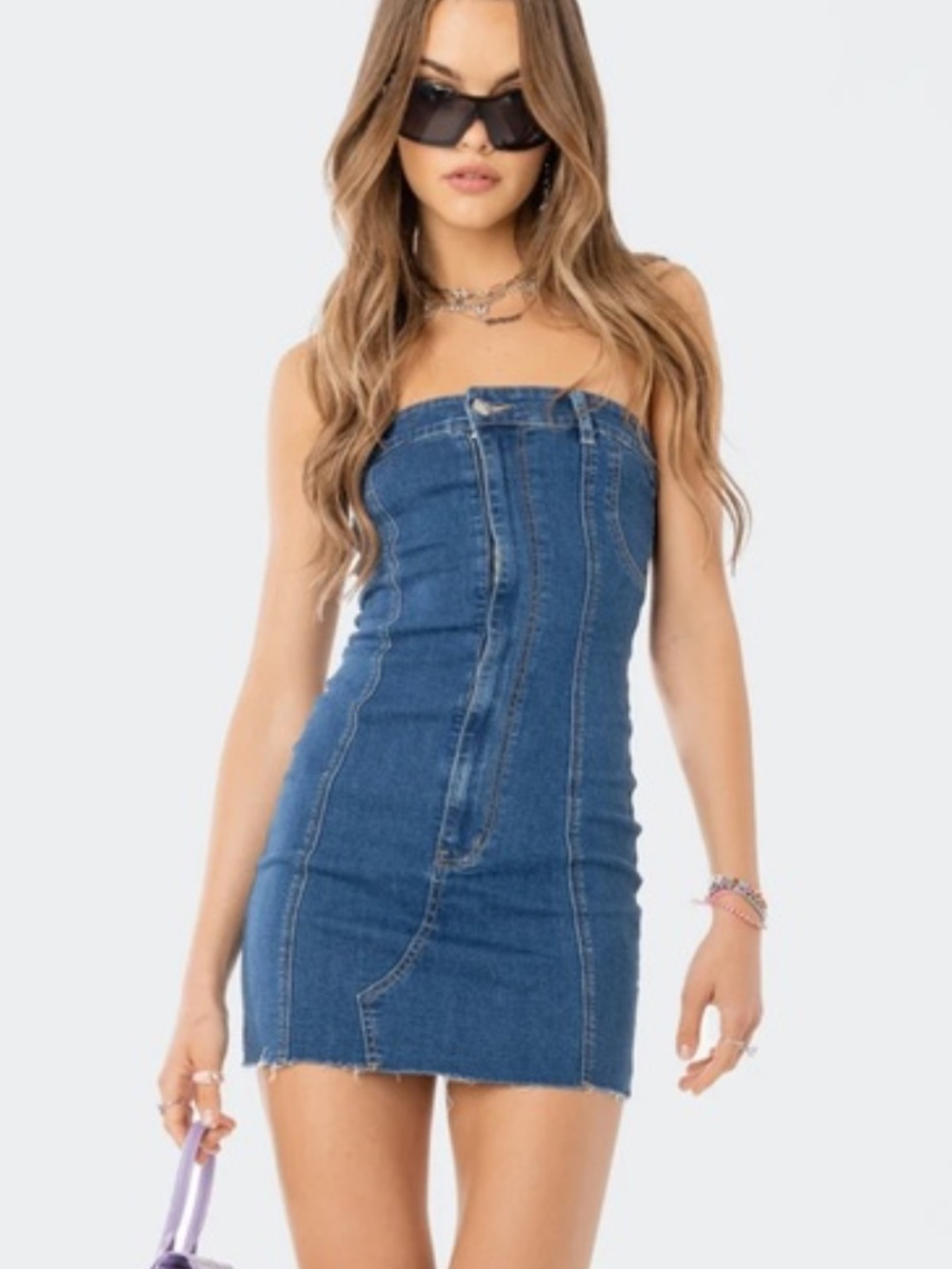 Edikted Strapless Denim Mini Dress in Blue